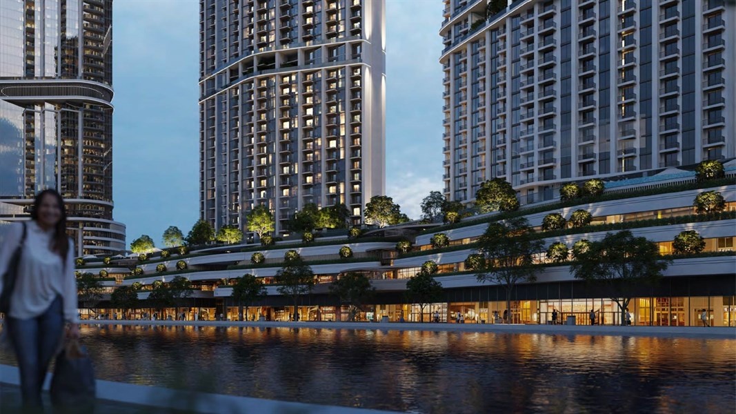 Жилая башня на 70 этажей в грандиозном проекте Riverside Crescent от Sobha. Современная архитектура здания спроектирована в общем ансамбле комплекса